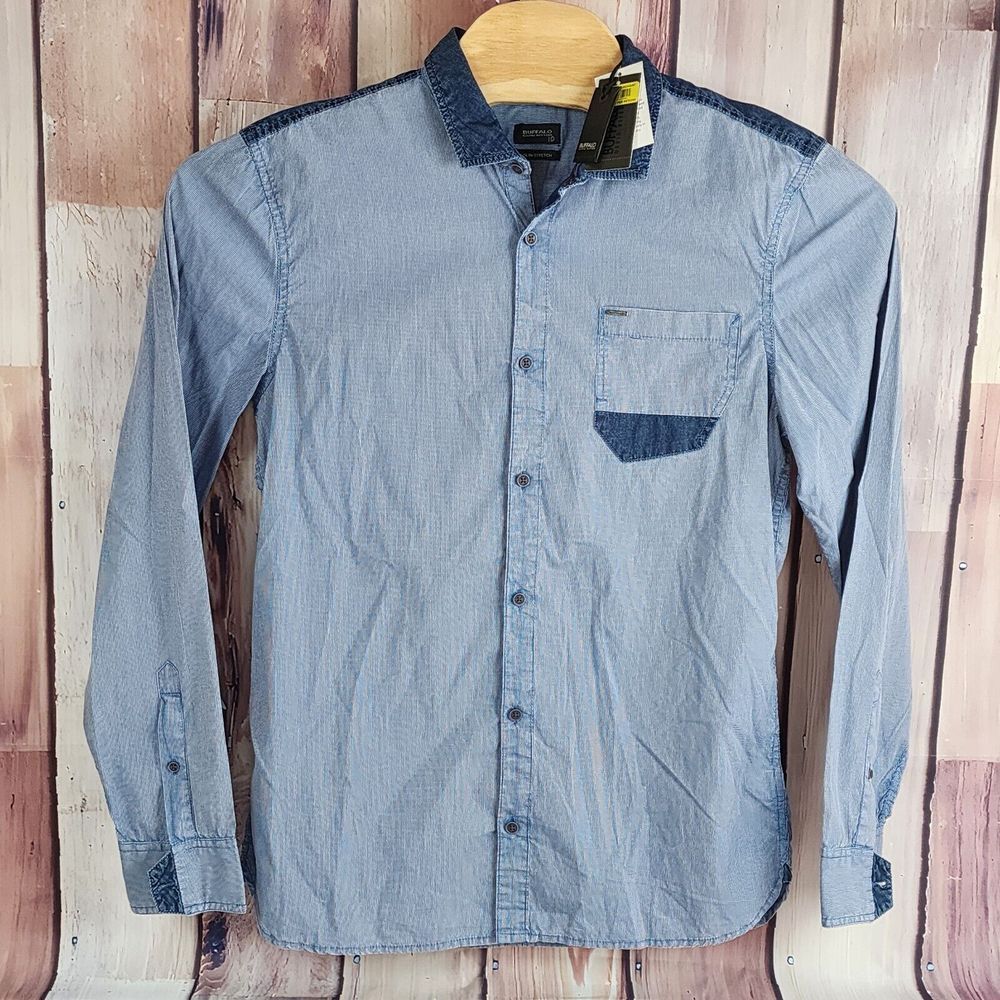 Buffalo David Bitton Mens L SASTUQ-X Blue Denim Look Btn Up Shirt Slim‎ Stretch - Picture 2 of 8